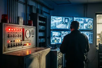 Beveiligingscontrolekamer met traditioneel alarmpaneel en moderne cameramonitoren, beveiligingsoperator bewaakt live beelden