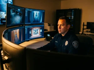 Beveiligingsmedewerker bekijkt camerabeelden op meerdere monitoren in donkere controlekamer met warme verlichting