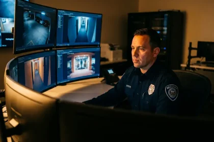 Beveiligingsmedewerker bekijkt camerabeelden op meerdere monitoren in donkere controlekamer met warme verlichting