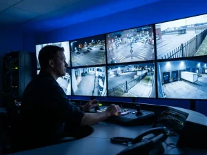 Beveiligingsoperator monitort live camerabeelden op muur van grote schermen in donkere controlekamer met verlichte bedieningspaneel