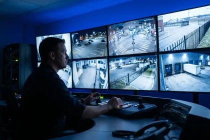 Beveiligingsoperator monitort live camerabeelden op muur van grote schermen in donkere controlekamer met verlichte bedieningspaneel