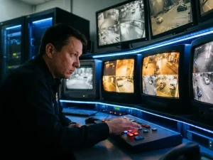 Beveiligingsoperator monitort bewakingscamera's in controleruimte met meerdere schermen en noodknoppen