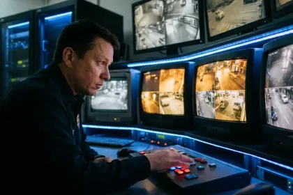 Beveiligingsoperator monitort bewakingscamera's in controleruimte met meerdere schermen en noodknoppen