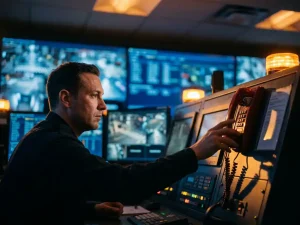 Beveiligingsoperator grijpt naar rode noodtelefoon in controlecentrum met bewakingsmonitoren en amber verlichting