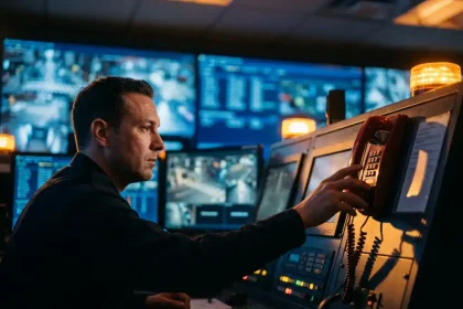 Beveiligingsoperator grijpt naar rode noodtelefoon in controlecentrum met bewakingsmonitoren en amber verlichting