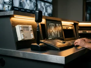 Zwarte mobiele bewakingscamera op telescoopstang naast wit wandgemonteerd alarmpaneel op moderne beveiligingstafel in professionele monitoringkamer