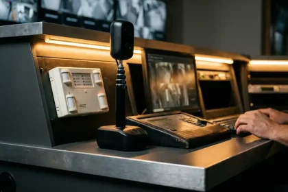 Zwarte mobiele bewakingscamera op telescoopstang naast wit wandgemonteerd alarmpaneel op moderne beveiligingstafel in professionele monitoringkamer
