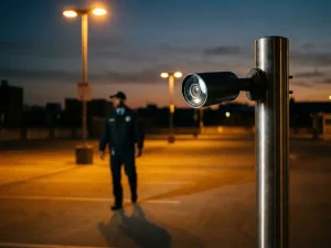 Moderne beveiligingscamera op metalen paal in lege parkeergarage bij schemering met beveiliger op patrouille op achtergrond