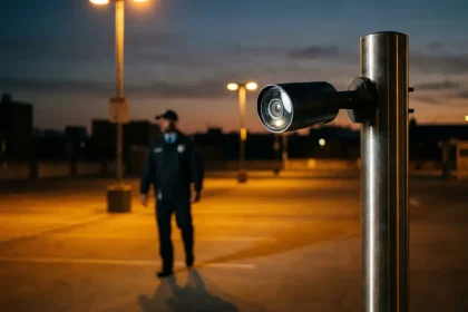 Moderne beveiligingscamera op metalen paal in lege parkeergarage bij schemering met beveiliger op patrouille op achtergrond