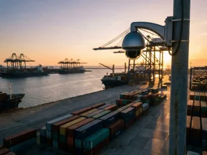 Moderne bewakingscamera op hoge paal boven industriële haven met gestapelde containers en hijskranen bij gouden uur