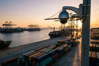 Moderne bewakingscamera op hoge paal boven industriële haven met gestapelde containers en hijskranen bij gouden uur