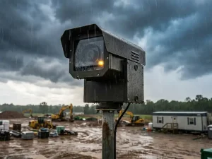 Weerbestendige beveiligingscamera op metalen paal tijdens zware regenval op bouwplaats met modderige grond