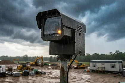 Weerbestendige beveiligingscamera op metalen paal tijdens zware regenval op bouwplaats met modderige grond