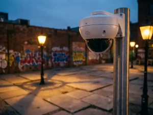 Witte beveiligingscamera op hoge paal in stedelijke binnenplaats bij schemering met warme straatverlichting