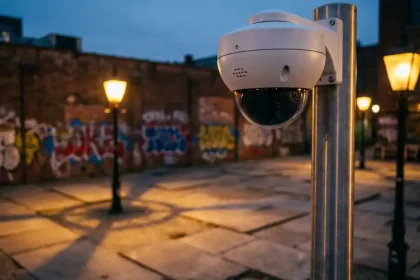 Witte beveiligingscamera op hoge paal in stedelijke binnenplaats bij schemering met warme straatverlichting