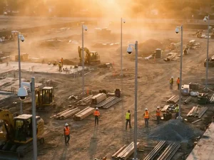 Bouwplaats met witte beveiligingscamera's op hoge palen, graafmachines en bouwmaterialen verspreid over stoffig terrein
