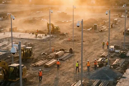 Bouwplaats met witte beveiligingscamera's op hoge palen, graafmachines en bouwmaterialen verspreid over stoffig terrein