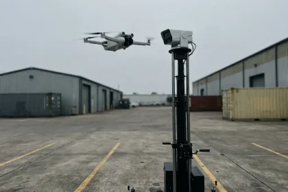 Witte surveillancedrone zweeft boven zwarte mobiele beveiligingscameratoren in industriële parkeerplaats met gele lijnen