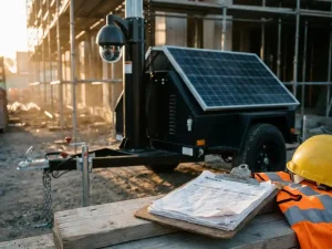 Mobiele beveiligingscamera op zwarte trailer bij bouwplaats met facturen, helm en veiligheidsvest op klembord