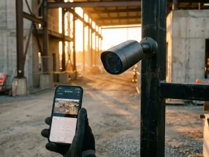 Mobiele beveiligingscamera op zwarte paal bij bouwplaats ingang met smartphone die live feed toont
