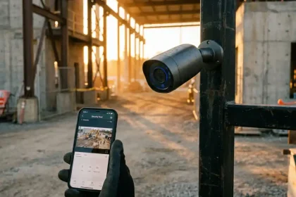 Mobiele beveiligingscamera op zwarte paal bij bouwplaats ingang met smartphone die live feed toont