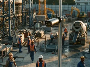 Mobiele beveiligingscamera op hoge paal bewaakt actieve bouwplaats met arbeiders in helmen tussen steigers en machines