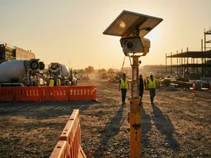 Mobiele beveiligingscamera op gele telescooppaal bewaakt actieve bouwplaats met betonmixers en bouwvakkers in helmen