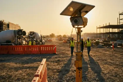 Mobiele beveiligingscamera op gele telescooppaal bewaakt actieve bouwplaats met betonmixers en bouwvakkers in helmen