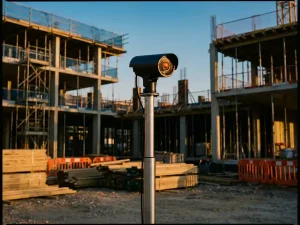 Mobiele beveiligingscamera op telescoopstang voor moderne bouwplaats met steigers tijdens gouden uur