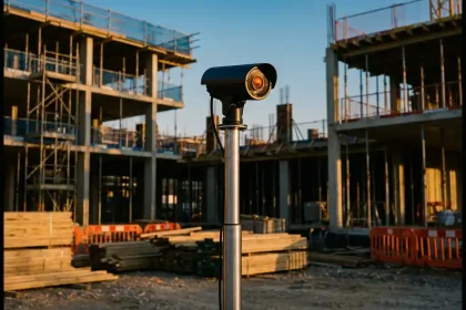 Mobiele beveiligingscamera op telescoopstang voor moderne bouwplaats met steigers tijdens gouden uur