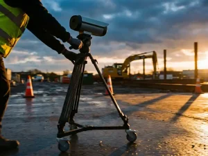 Technicus verplaatst mobiele beveiligingscamera op wielen over nat asfalt op bouwplaats met oranje kegels op achtergrond