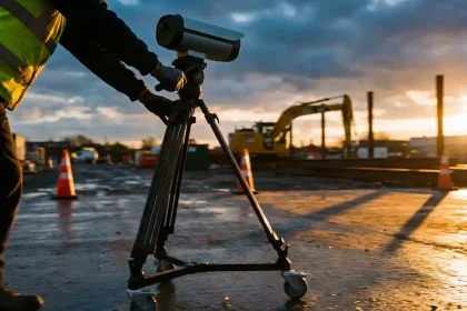 Technicus verplaatst mobiele beveiligingscamera op wielen over nat asfalt op bouwplaats met oranje kegels op achtergrond