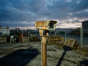Mobiele beveiligingscamera op metalen paal met amber batterij-indicator in industriële binnenplaats bij schemering