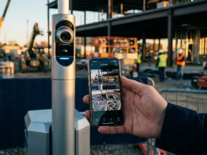 Beveiligingscamera op mobiele paal streamt heldere beelden naar smartphone met meerdere live feeds op bouwplaats