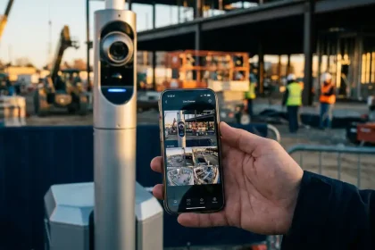 Beveiligingscamera op mobiele paal streamt heldere beelden naar smartphone met meerdere live feeds op bouwplaats