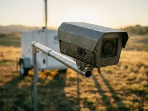 Mobiele beveiligingscamera op telescoopstang gemonteerd aan witte bewakingstrailer in open veld met heuvels