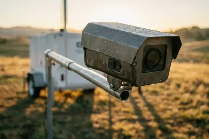 Mobiele beveiligingscamera op telescoopstang gemonteerd aan witte bewakingstrailer in open veld met heuvels