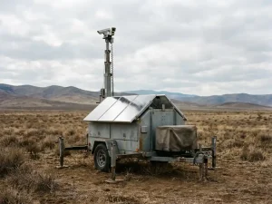 Mobiele beveiligingscameratoren met zonnepanelen staat op verlaten veld onder bewolkte hemel