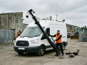 Technicus in veiligheidsvest positioneert witte servicebus met uitschuifbare cameramast op industriële locatie