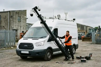 Technicus in veiligheidsvest positioneert witte servicebus met uitschuifbare cameramast op industriële locatie