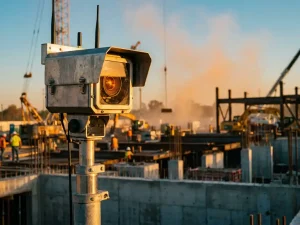 Mobiele bewakingscamera op telescooppaal overziet bouwplaats met betonnen funderingen en staalconstructie