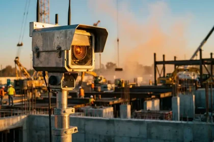 Mobiele bewakingscamera op telescooppaal overziet bouwplaats met betonnen funderingen en staalconstructie