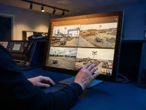 Beveiligingsoperator bedient touchscreen-monitor met vier live camerafeeds van mobiele bewakingseenheden op industriële locaties
