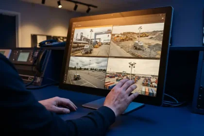 Beveiligingsoperator bedient touchscreen-monitor met vier live camerafeeds van mobiele bewakingseenheden op industriële locaties