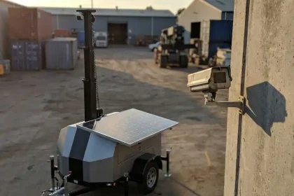Mobiele bewakingscamera op telescoopstok naast vaste CCTV-camera op betonnen muur, beide gericht op industriële binnenplaats