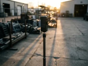 Zwarte mobiele camera-eenheid op telescoopstang met speaker in industriële buitenomgeving tijdens gouden uur