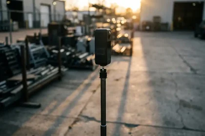 Zwarte mobiele camera-eenheid op telescoopstang met speaker in industriële buitenomgeving tijdens gouden uur