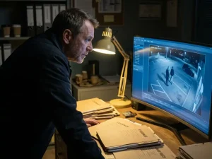 Politiedetective analyseert beveiligingscamerabeelden op groot computerscherm in onderzoekskamer met dossiers op bureau