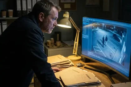 Politiedetective analyseert beveiligingscamerabeelden op groot computerscherm in onderzoekskamer met dossiers op bureau