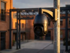 PTZ beveiligingscamera op metalen paal draait langzaam door industriële binnenplaats tijdens gouden uur